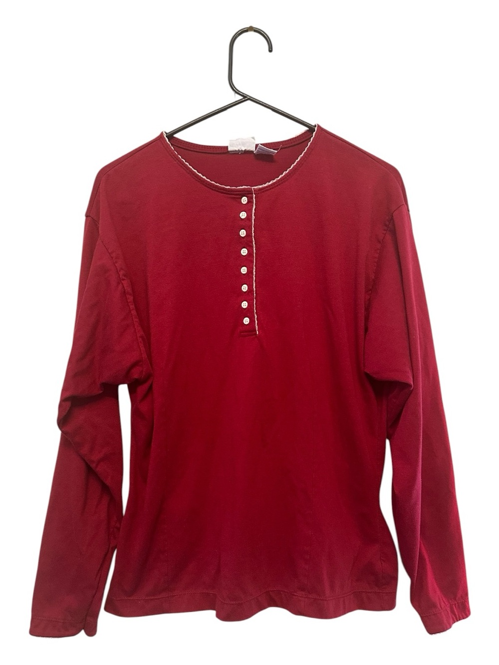 Vintage 80s/90s Cheryl Tiegs Long-Sleeve Henley Top - Red w/ White Buttons L